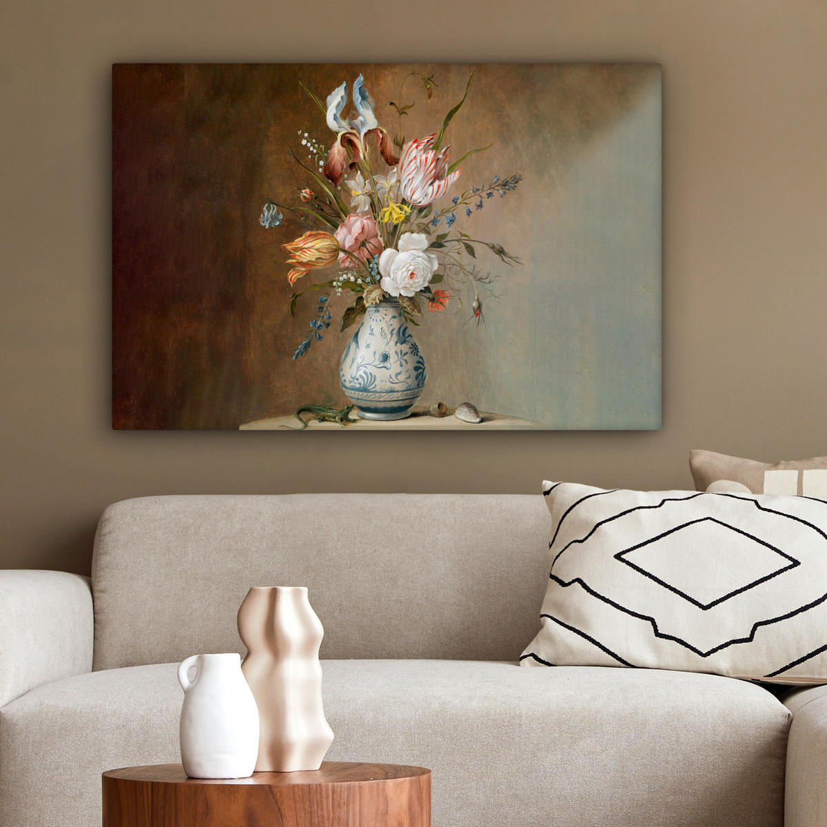 LEINWANDBILD Alte Meister - Blumen - Balthasar van der Ast Gemälde 60x40 cm - Hellbraun, Textil (60/40cm) - MuchoWow