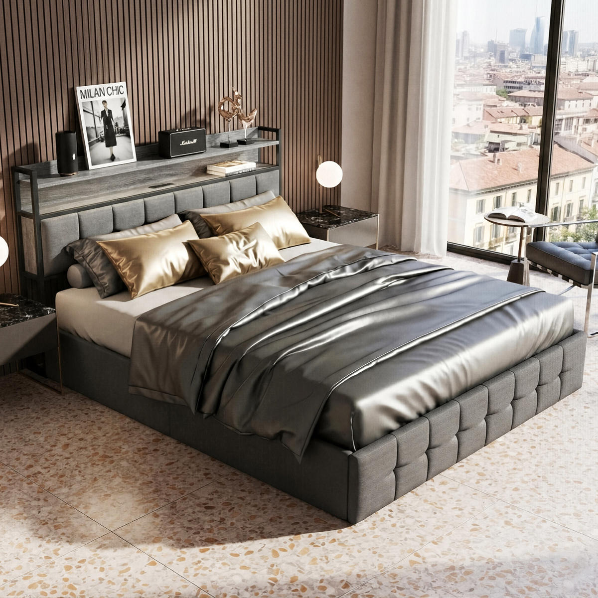 POLSTERBETT Geometrisch 140/200 cm mit Bettkasten & Regalkopfteil Leinenoptik Grau - Grau, Textil (140/200cm) - Creahappy