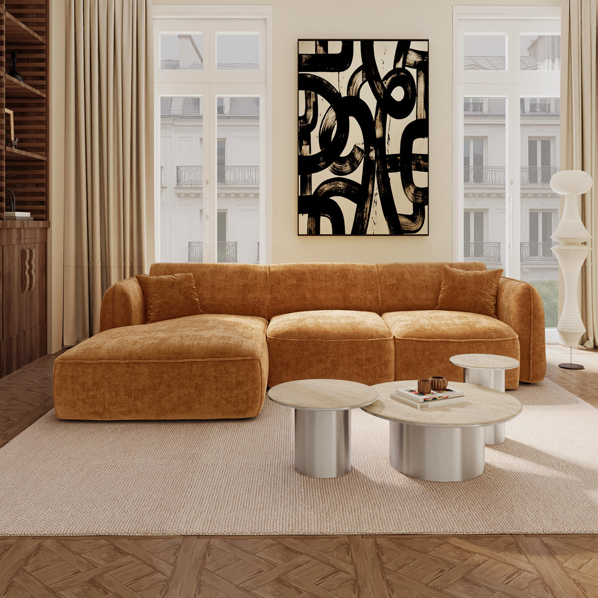 ECKSOFA (links) LOMI Geprägter Samt Karamell 274cm - Braun, Textil (274/174cm) - Premium Interiors