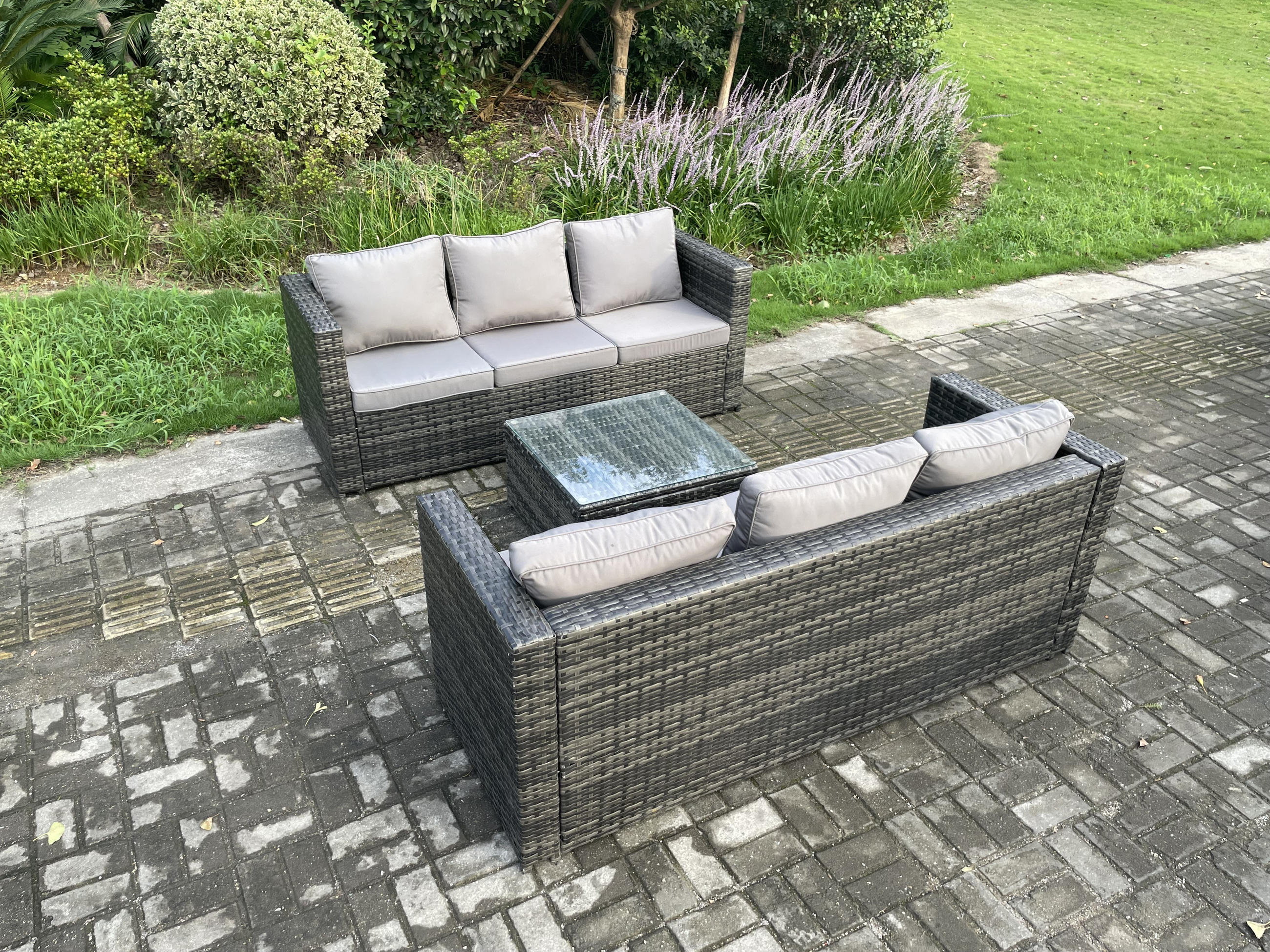GARTENSET mit Couchtisch Polyrattan 6-Sitzer - Dunkelgrau, Metall - Fimous