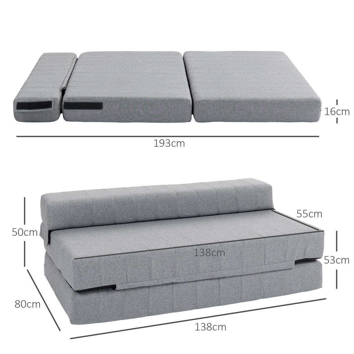 BODENSOFA 2-in-1 Klappbar Schlafsofa mit Leinenoptik für Wohnzimmer Grau - Grau, Textil (80/50/138cm) - HOMCOM