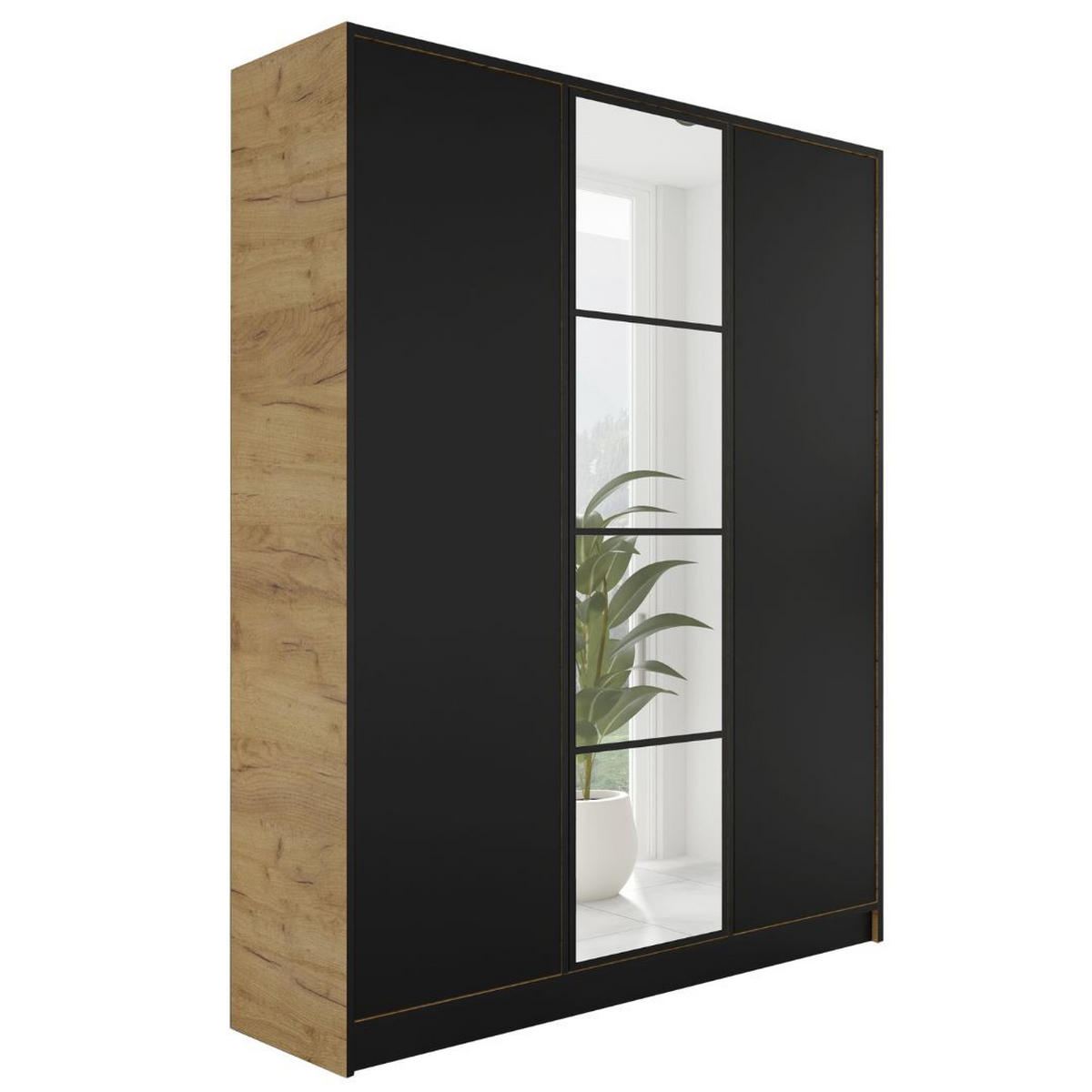 KLEIDERSCHRANK EDEN 3-Türen v4 - 156,4x205x39 cm - Eiche Craft Gold, Schwarz - Honigeiche/Schwarz, Holzwerkstoff (156.4/205/39cm) - Kier Furniture