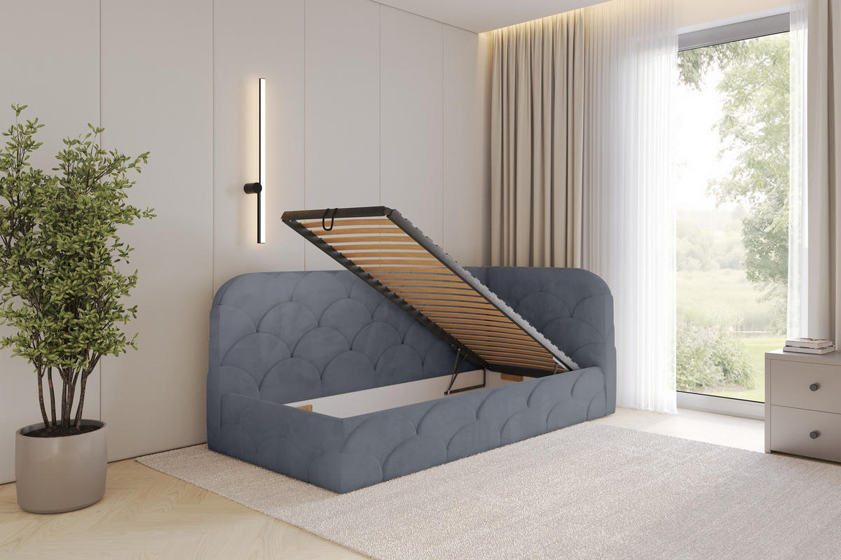 EINZELLBETT Jugendbett mit Bettkasten und Matratze H3/H4, Links - ELRY 90x200 Grau - Grau, Holzwerkstoff/Textil (90/200cm) - ALTDECOR