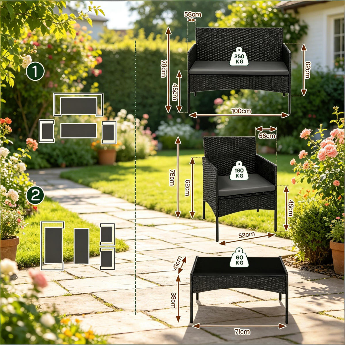 DINING-LOUNGESET 4 Stück mit 1 Couchtisch, 2 Sessel, 1 Doppelsofa - Schwarz, Textil - Coonoor