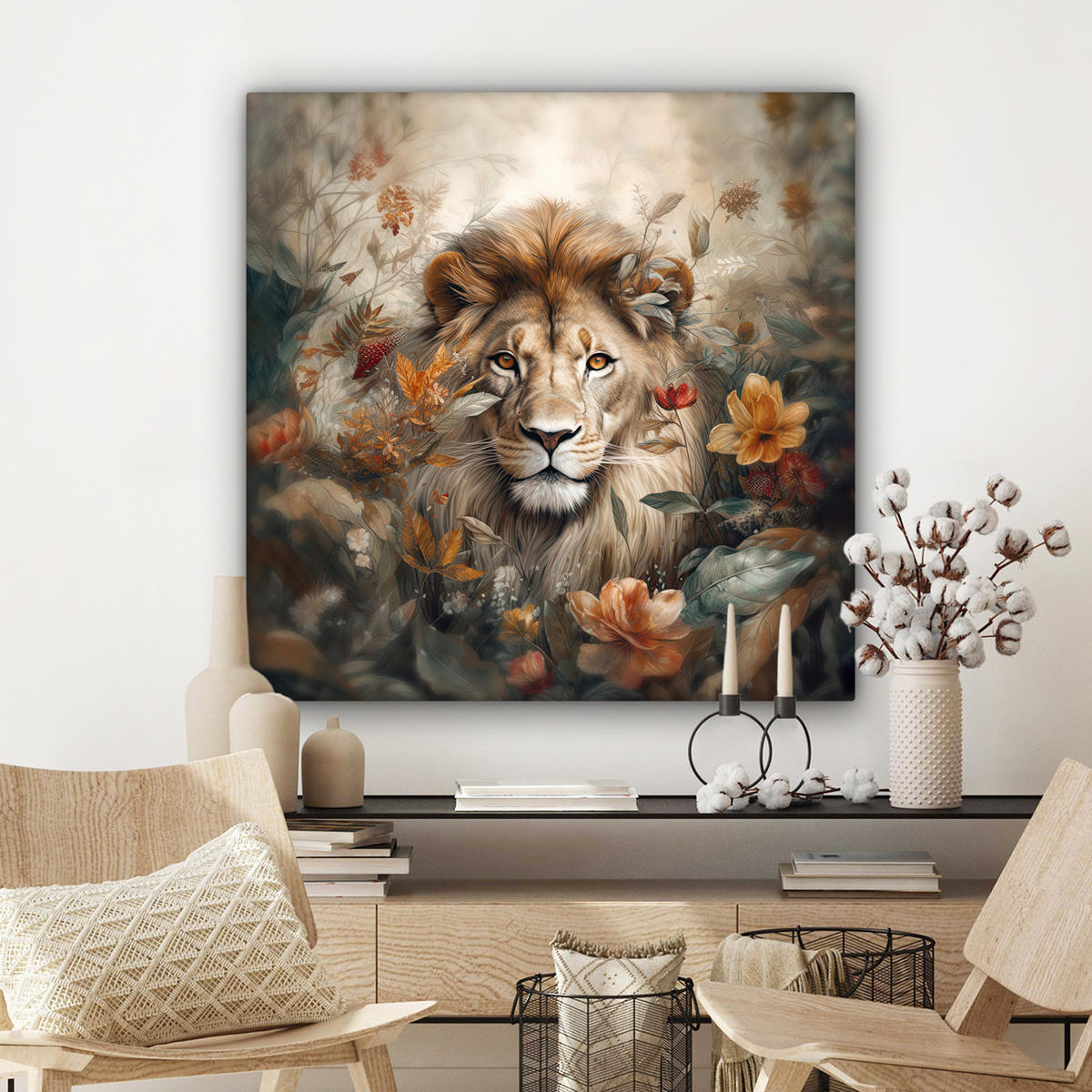 LEINWANDBILD Löwe - Wildtiere - Pflanzen - Natur - Blumen 90x90 cm - Beige, Textil (90/90cm) - MuchoWow