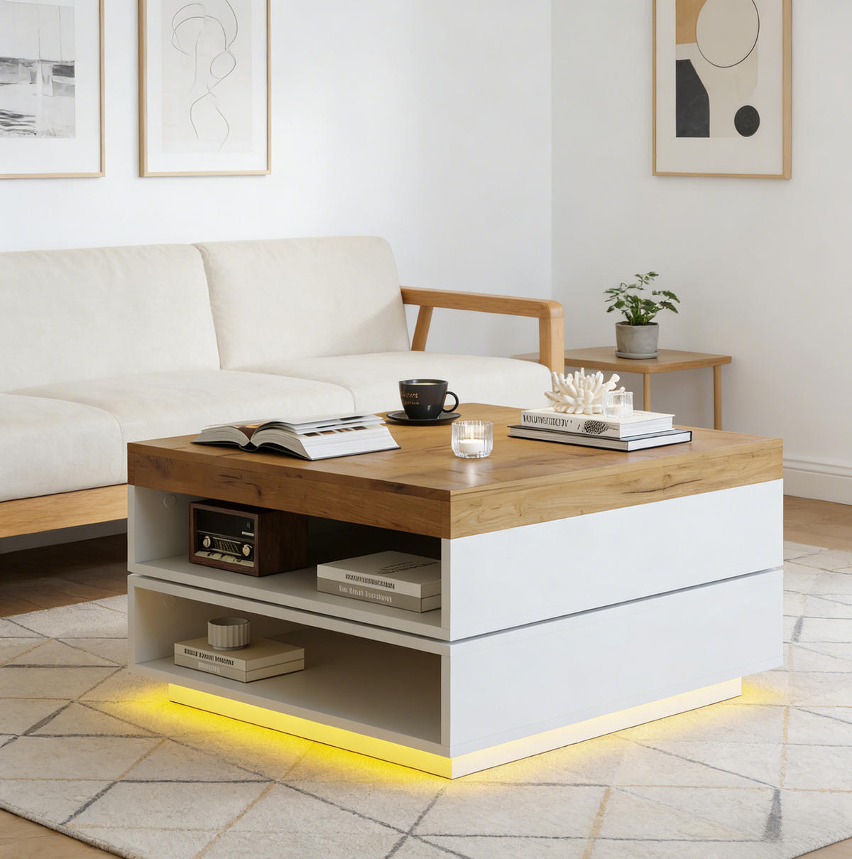 COUCHTISCH in Weiß Sofatisch mit 360° drehbarer Tischplatte, LED-Beleuchtung & Stauraum, B65/T65/H40cm - Weiß/Naturfarben, Holzwerkstoff/Metall (65/65/40cm) - STILVORA