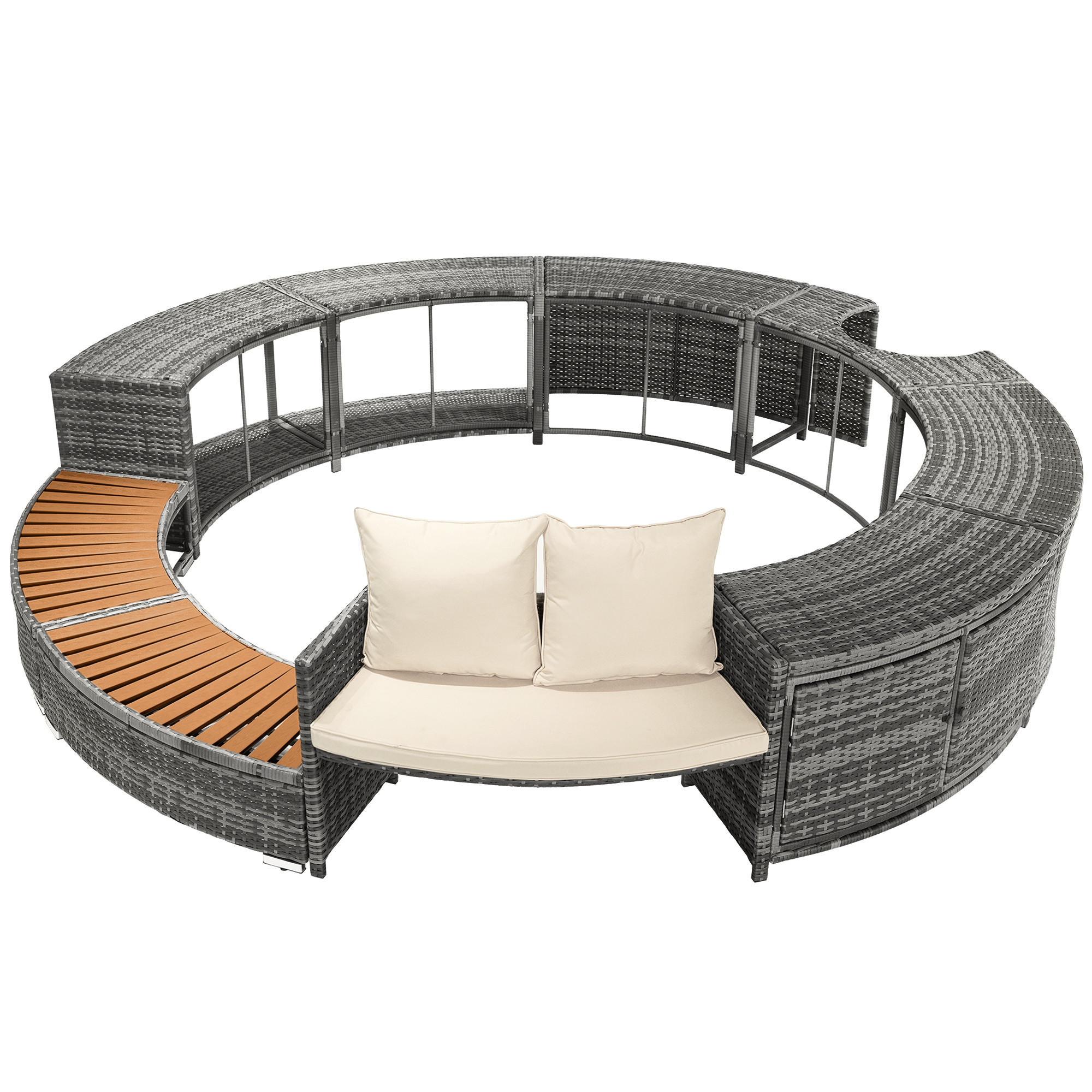OUTDOOR-LOUNGE-SET rund Rattan Ø283×55cm mit Stauraum Kissen Doppelsitzkissen - Grau, Naturmaterialien - Modfu