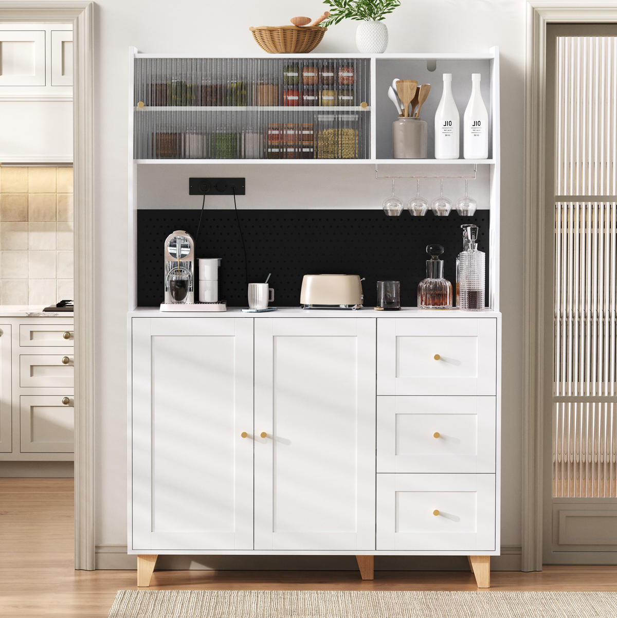 BUFFET 120x40x184 cm Weiß mit Fluted Glas & Ladestation - Weiß, Holzwerkstoff (120/184/40cm) - Modfu