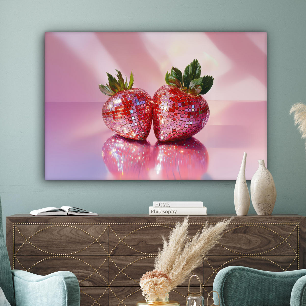 LEINWANDBILD Disco - Obst - Glitzer - Erdbeere Groß 140x90 cm - Pink, Textil (140/90cm) - MuchoWow