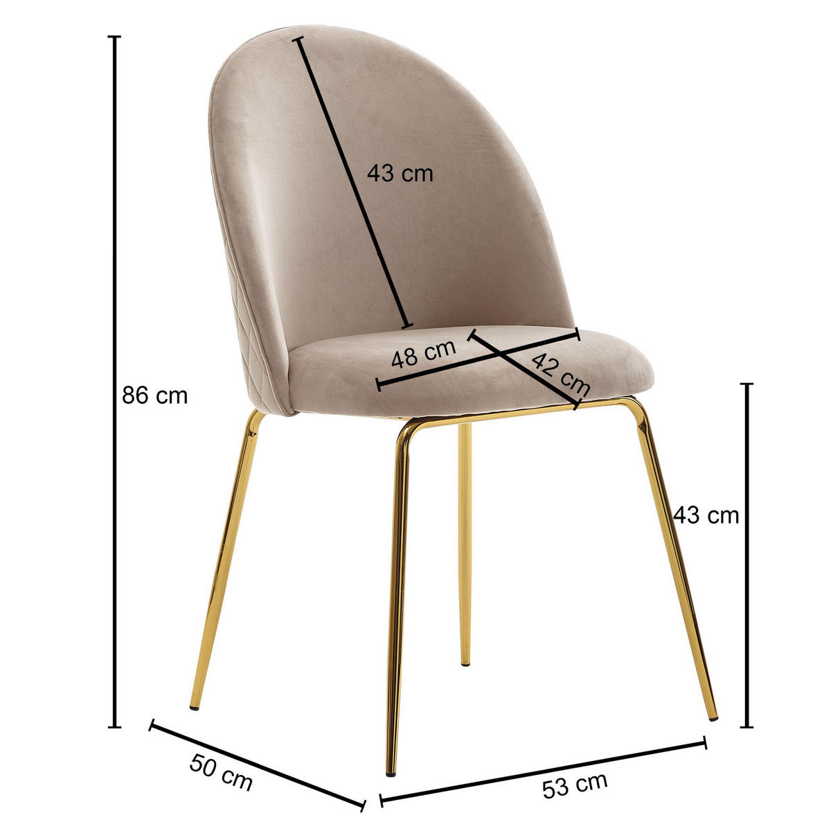 ESSZIMMERSTUHL 2er Set Samtbezug mit Metallgestell Diamantsteppung Skandinavisch gepolstert, Beige 53x50x87 cm - Beige/Goldfarben, Textil/Metall (53/87/50cm) - KADIMA DESIGN