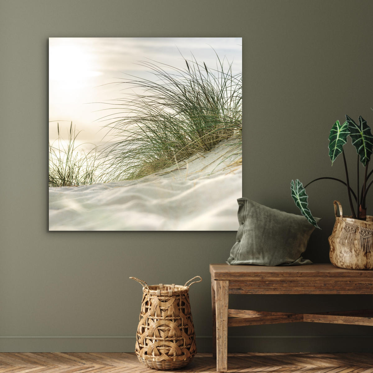 KOVOVÝ OBRAZ Duny s marramovou trávou pod slnkom nemeckého národného parku Schleswig-Holsteinisches Wattenmeer 90x90 cm - krémová, kov (90/90cm) - MuchoWow
