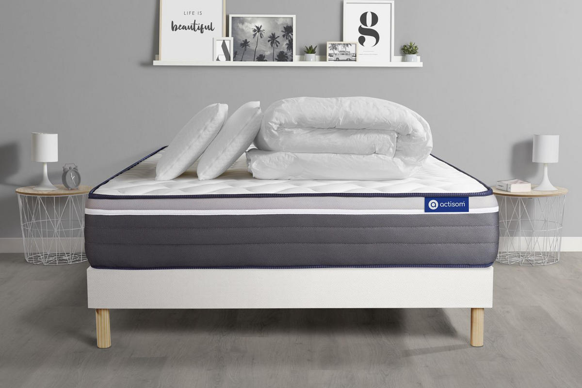 BETT Actimemo plus Memory-Schaum 200 x 200 cm h4 - Kit Bettgestell Weiß - Mit Kissen und Bettdecke - Beige/Weiß, Holz/Textil (200/200cm) - ACTISOM