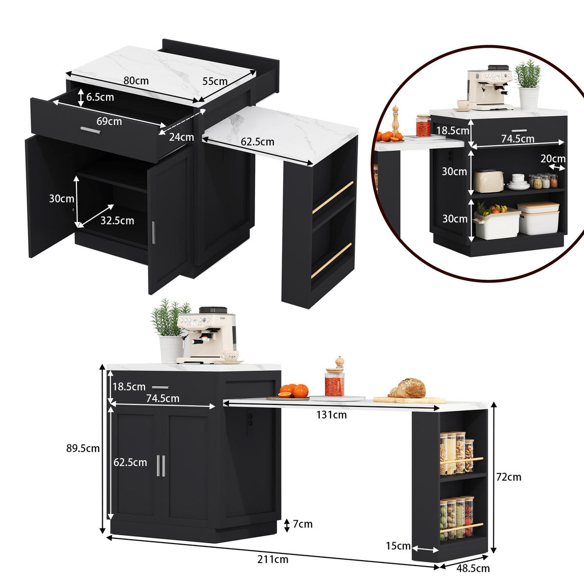 KÜCHENINSEL 211x55x89.5cm Schwarz mit ausziehbarem Esstisch - Schwarz, Holzwerkstoff (211/89.5/55cm) - Modfu