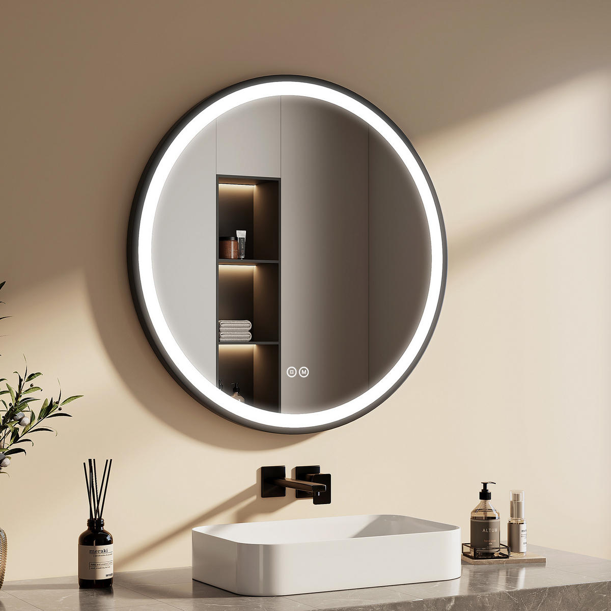 OGLINDA de baie cu LED-uri Ø 80 cm - negru, sticlă (80/80/3cm) - EMKE