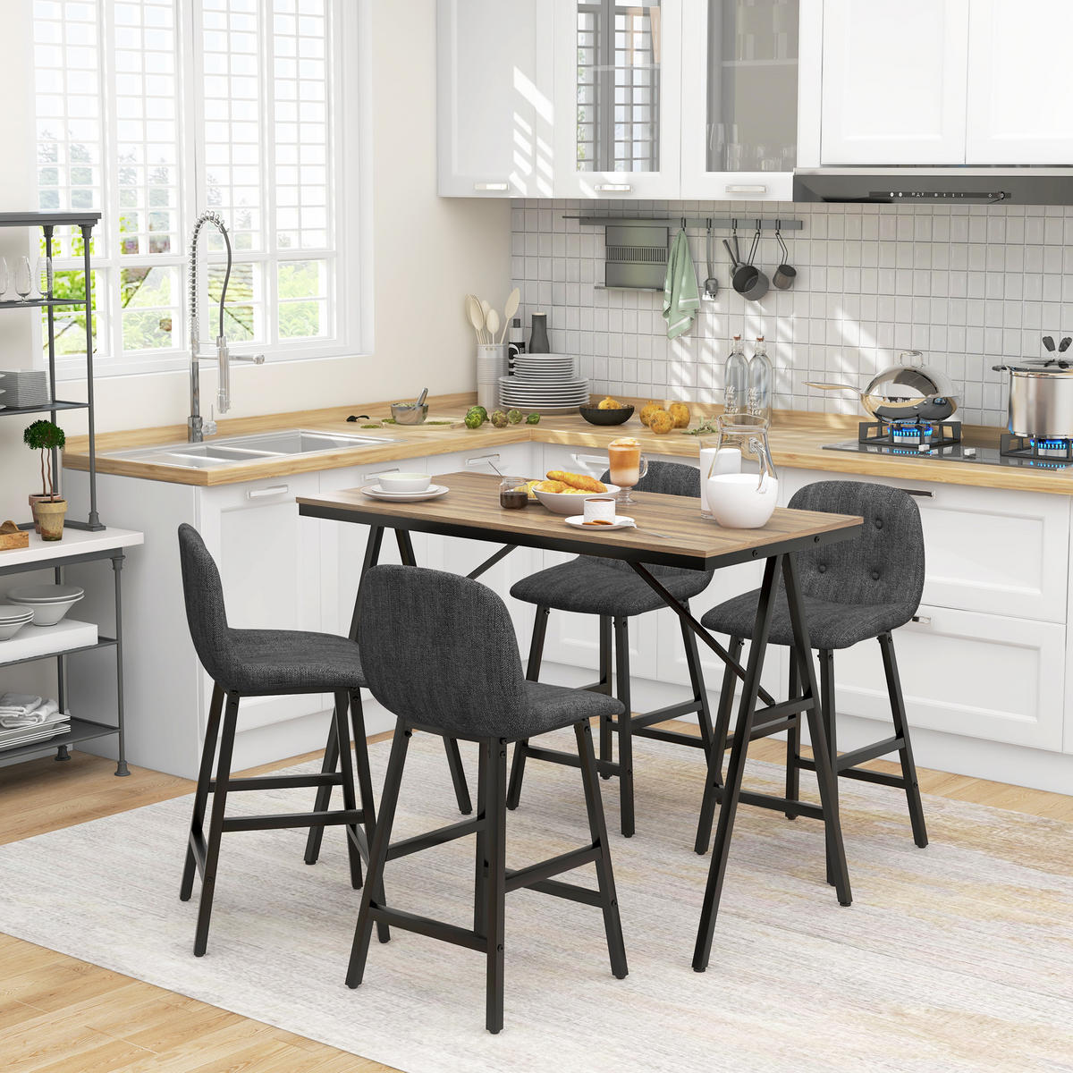 BARTISCH mit Barhocker Set, 5-teilig Essgruppe, Küchentisch, Bartisch Set, Braun - Dunkelgrau, Holzwerkstoff/Kunststoff (60/91/120cm) - HOMCOM