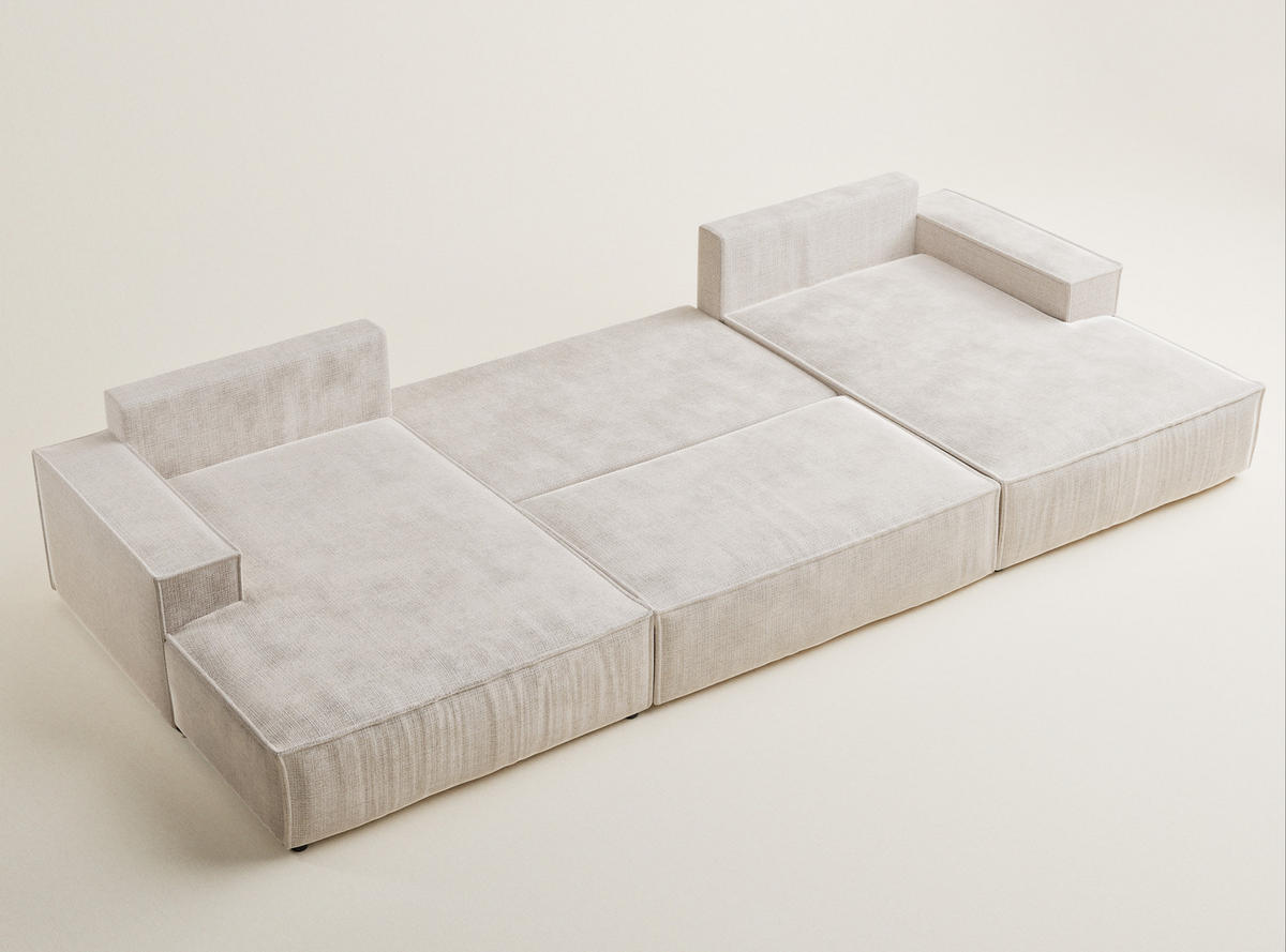 WOHNLANDSCHAFT Kyoto Creme Chenille-Stoff - Creme/Schwarz, Holz/Holzwerkstoff (398/70/148cm) - Maison de Reve