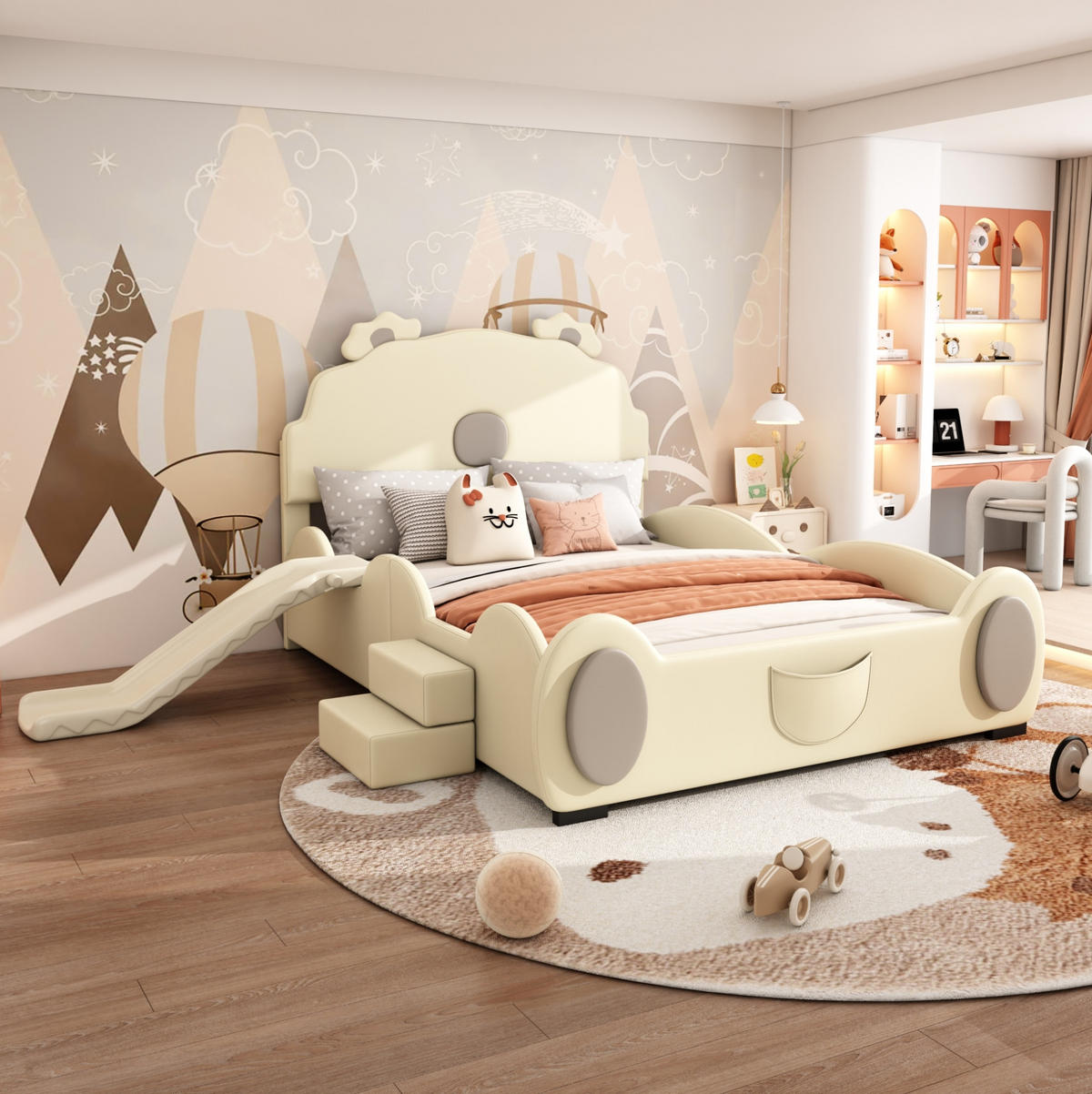 KINDERBETT 140/200 cm Beige aus PU und MDF mit Rutsche und Leiter - Beige, Kunststoff (140/200cm) - OKMYHOME
