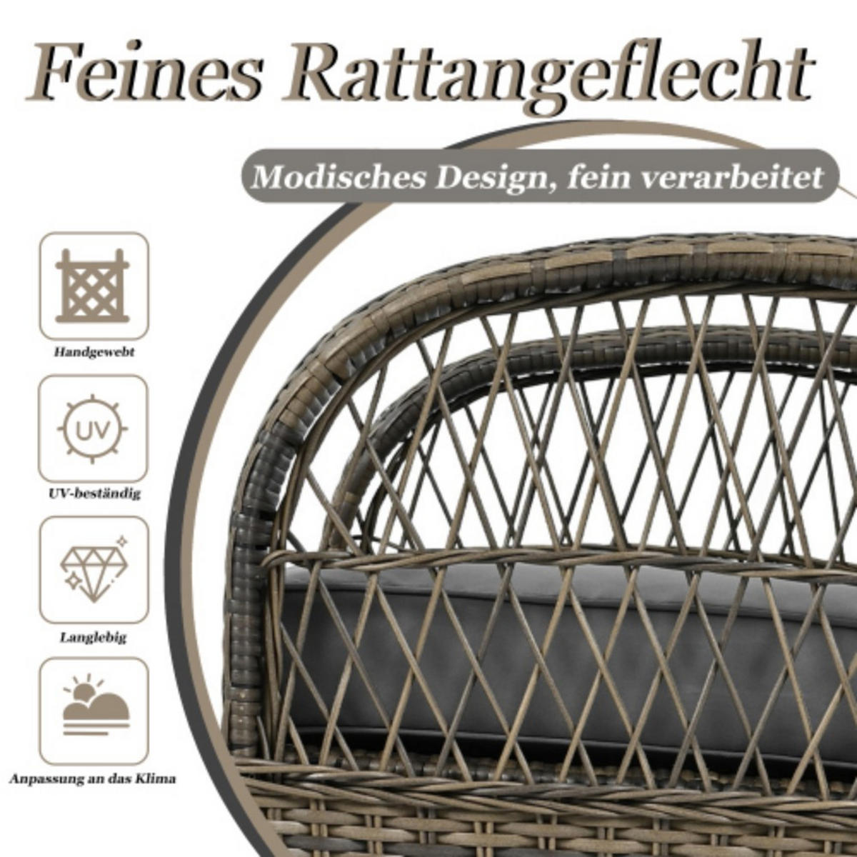 BALKONSET 3-tlg,BISTRO SET,PE-Rattan Schaukelstuhl,für 2 Personen,Grau - Grau, Metall - LVHOM