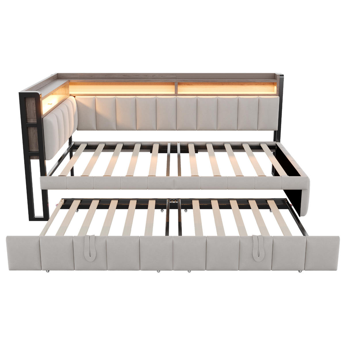 POLSTERBETT 90/200 cm aus Samt mit Ausziehbett LED und USB-Anschluss Hellgrau - Grau, Textil (90/200cm) - Modenvie