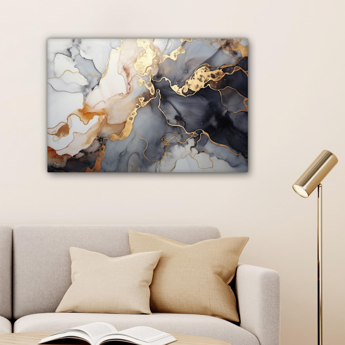 LEINWANDBILD Marmor - Schwarz - Gold - Weiß Gemälde 60x40 cm - Dunkelgrau, Textil (60/40cm) - MuchoWow