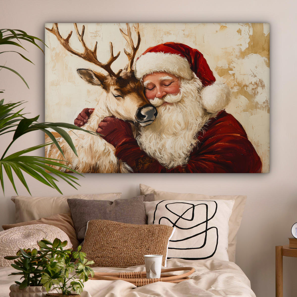 LEINWANDBILD Weihnachtsmann - Rentier - Weihnachten Wohnzimmer Groß 120x80 cm - Rotbraun, Textil (120/80cm) - MuchoWow