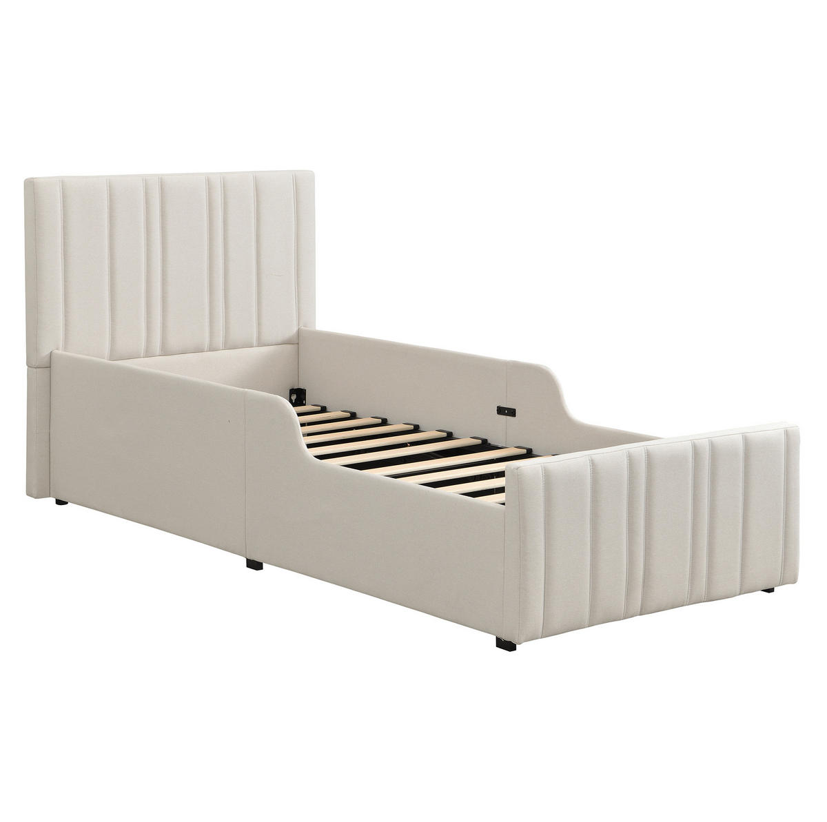 KINDERBETT 90/200 cm mit hydraulischem Bettkasten, Lattenrost, gepolsterten Seitenlehnen und Leinenbezug, Beige - Beige, Textil (90/200cm) - Redom