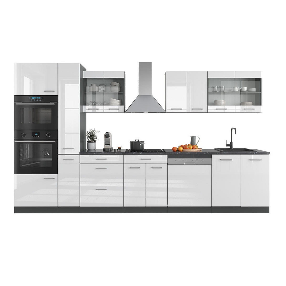 KUHINJSKI BLOK R-Line Bijela Sjajna / Antracit 350 cm s visokim ormarićem, RP Mramor - bijela visoki sjaj/antracit, drvni materijal (350/206.8/60cm) - Vicco