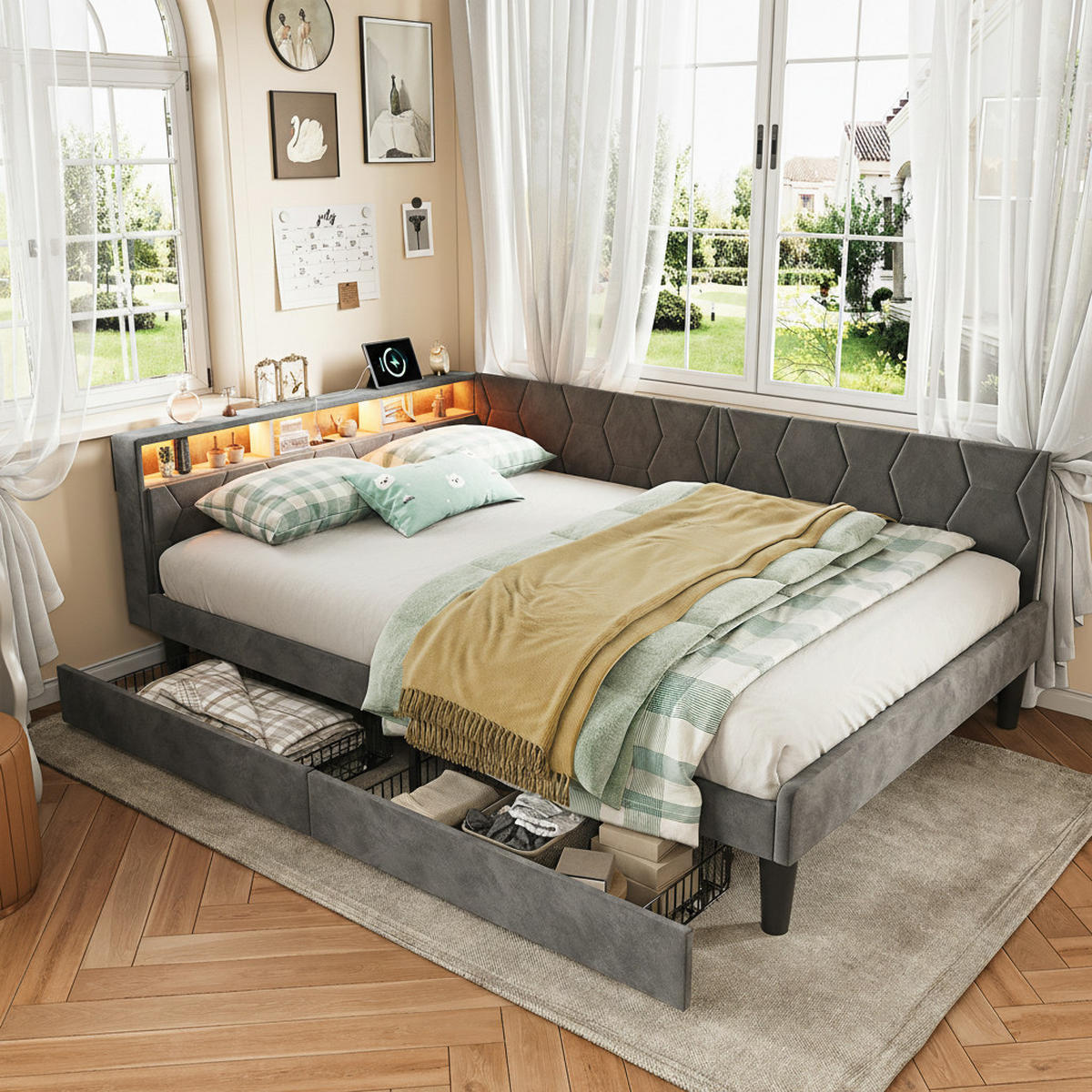 POLSTERBETT 140x200 cm mit 2 Schubladen, LED-Kopfteil und Stauraum, USB- und Typ-C-Ladefunktion, Lattenrost, Samtstoff - Grey - Grau, Holzwerkstoff (140/200cm) - Brevoria