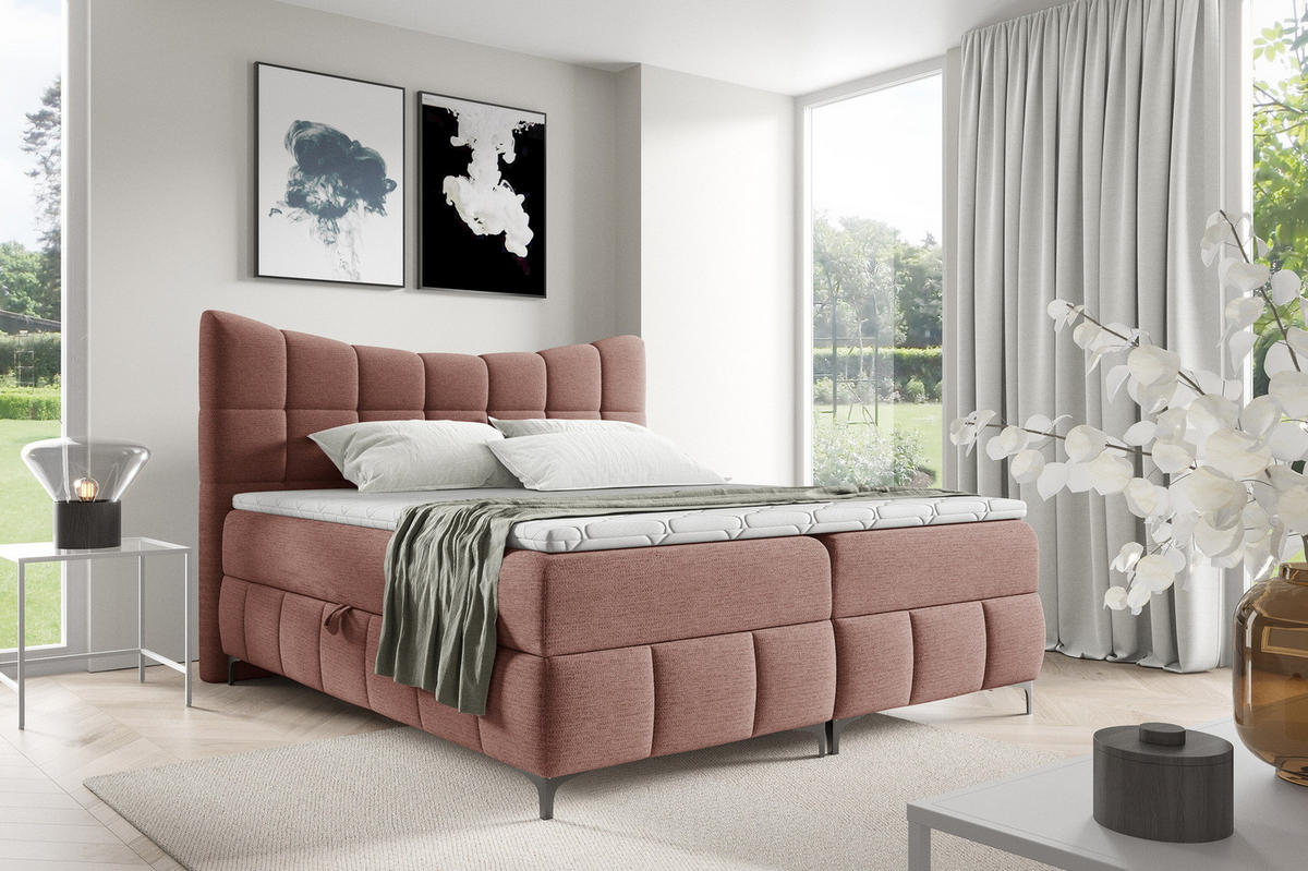 BOXSPRINGBETT 200x200 Almera, Chenille, Bettkasten, Matratze, Puderrosa - Hellrosa, Holz/Textil (200/200cm) - Emporius