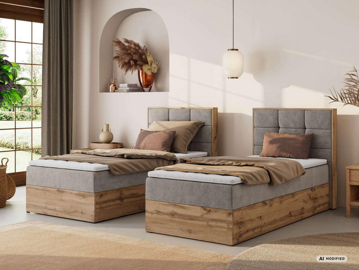 BOXBETT ALBERO 1 90/200 - Greige Stukture - Topper Visco - H4 - Rechts - Greige/Schwarz, Kunststoff/Textil (90/200cm) - MKS