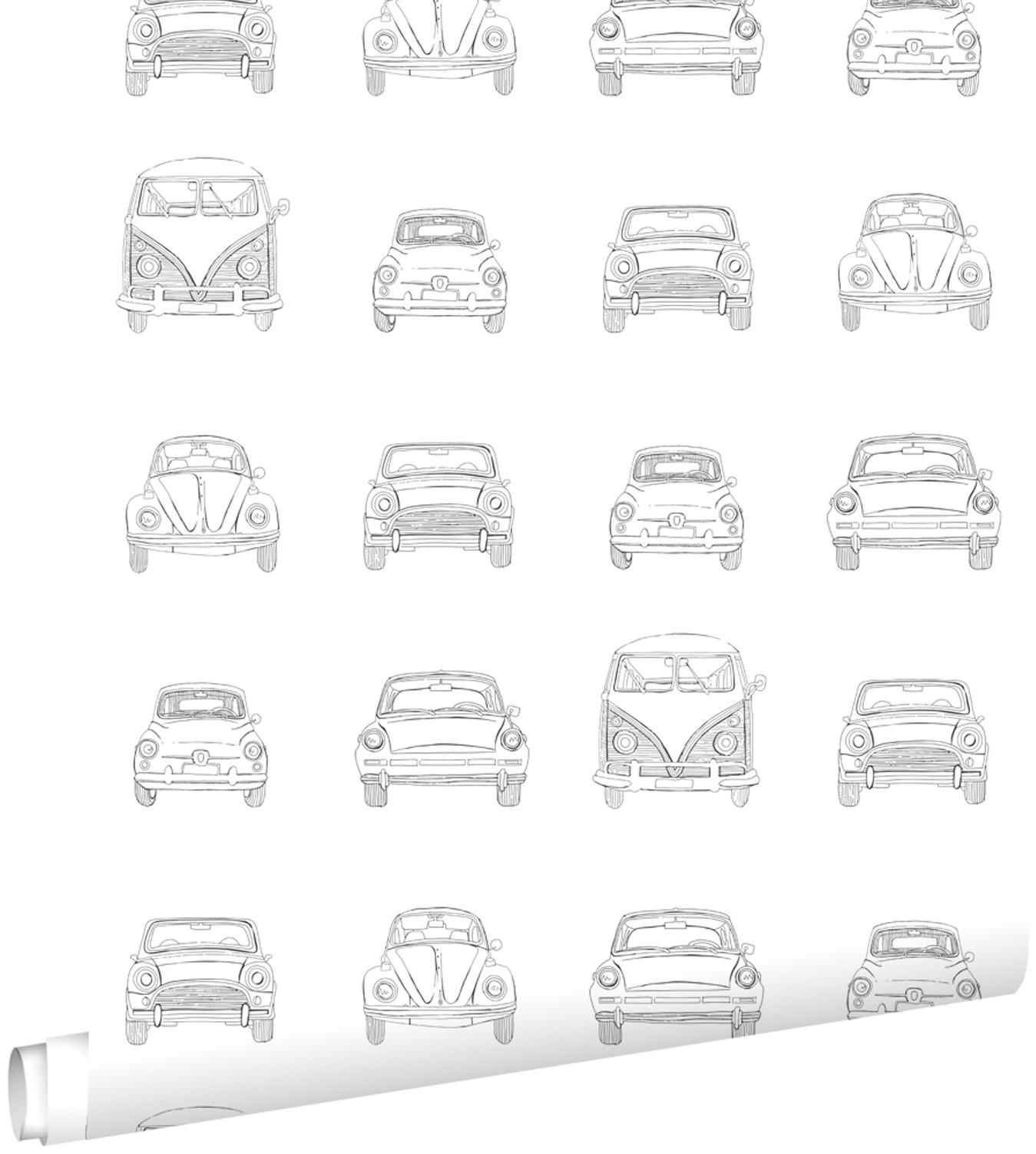 TAPETE gezeichnete Oldtimer im Vintage-Look 53 cm x 10.05 m - Schwarz, Papier (53/0.1cm) - ESTAhome