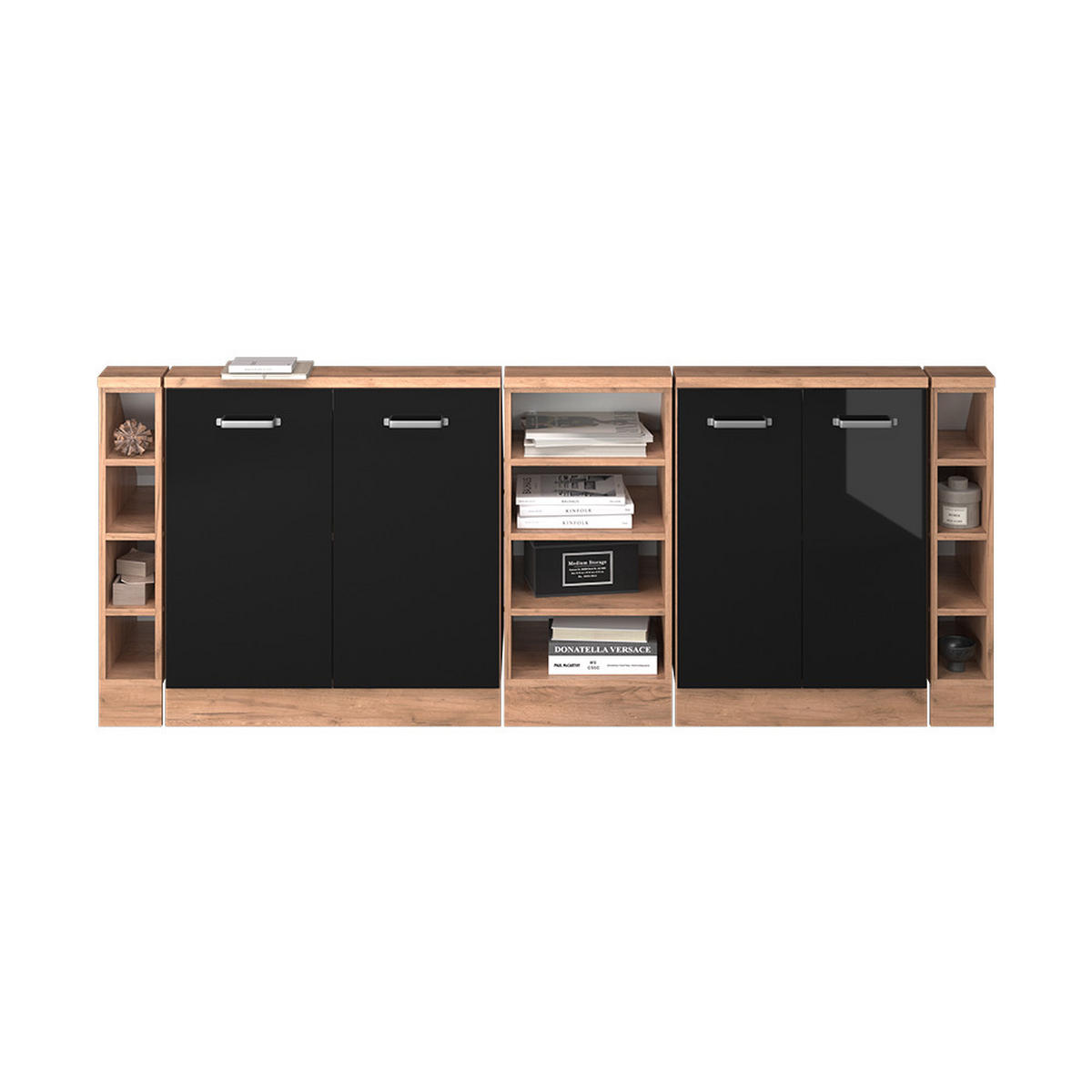 KUCHYŇSKÁ SKŘÍŇKA POD ŠIKMOU STŘECHU R-Line Černý/zlatý dub s vysokým leskem - medově dubová/černá, kompozitní dřevo (210/81.6/46cm) - Vicco