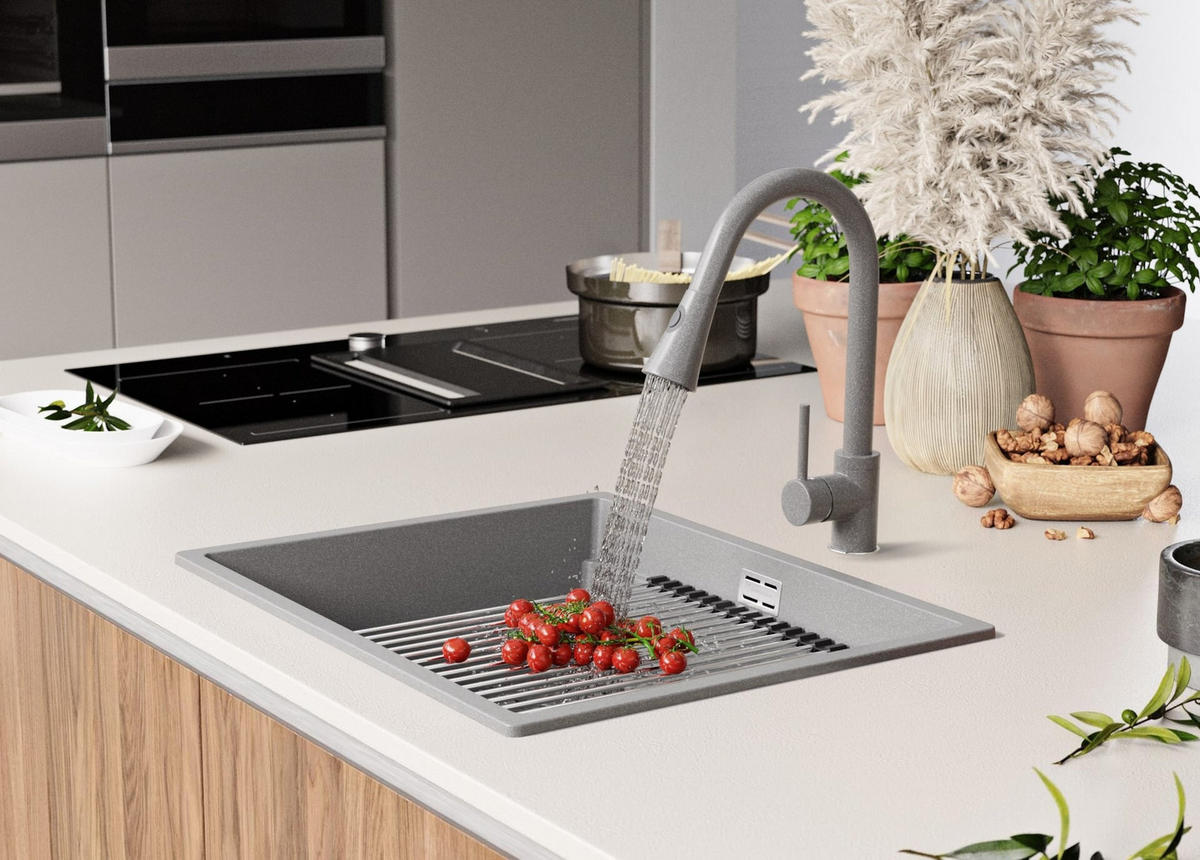 SPÜLBECKEN Praga Slim, 2-er set Grau 56/47 cm 1 Becken + Ablauf-Set + Aufrollbare Abtropffläche ab 60er Unterschrank - Chromfarben/Grau, Kunststoff (56/20/47cm) - Primagran