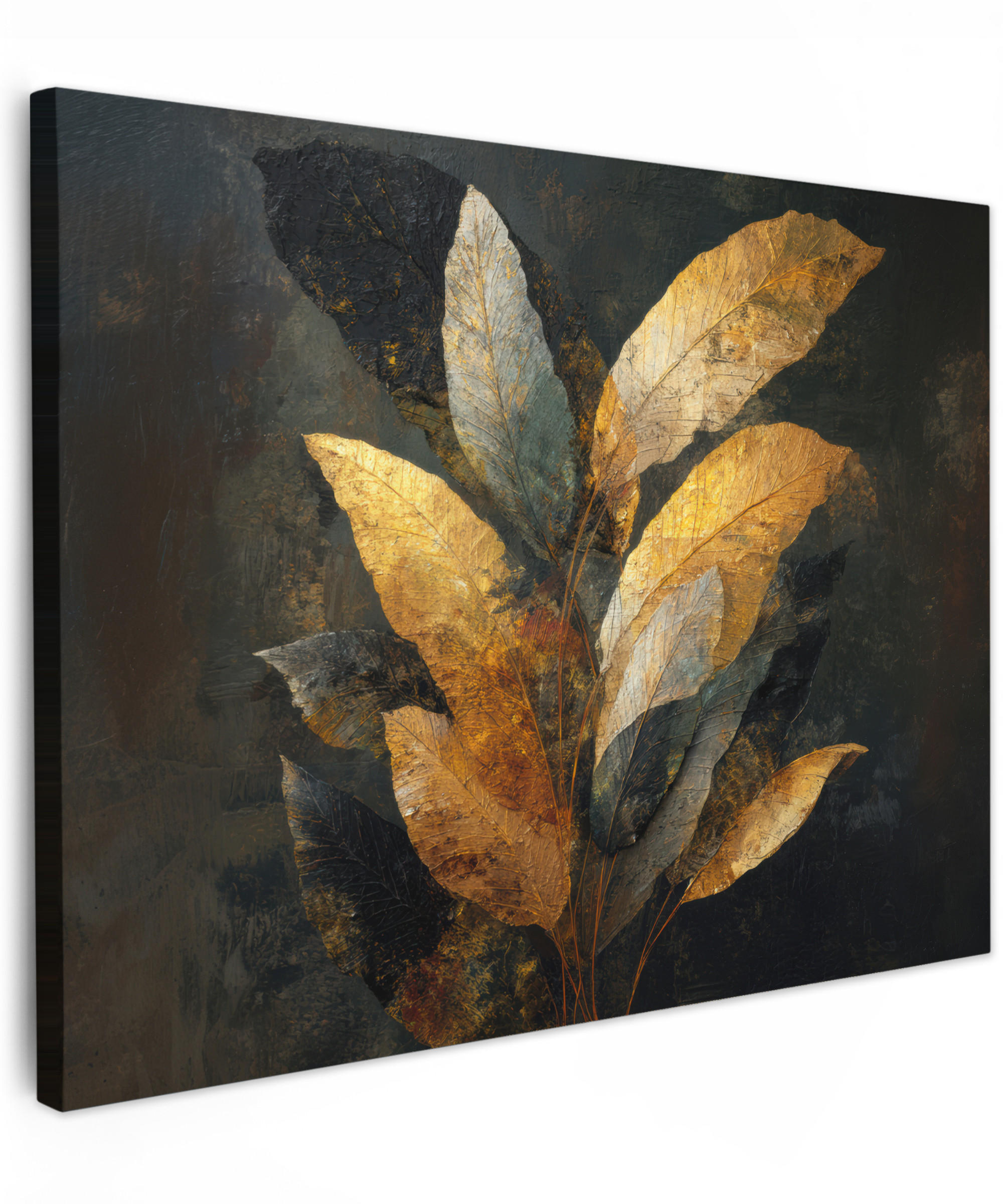 LEINWANDBILD Golden Leaf Komposition - Botanical Luxury Wandbilder 80x60 cm - Goldfarben/Schwarz, Textil (80/60cm) - MuchoWow
