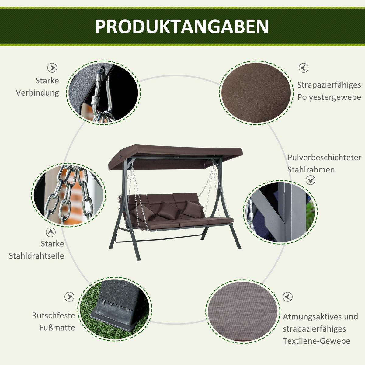 HOLLYWOODSCHAUKEL, mit Sonnendach, Metall, Texteline, Braun, 198 x 118 x 168 cm - Braun, Metall (118/168/198cm) - Outsunny