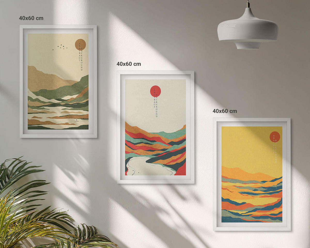 BILDER SET 3er Set - 40x60 cm Weißer Rahmen - Farbenfrohe Muster der Japandi-Flussberge - Weiß, Kunststoff (40/60cm) - TULUP