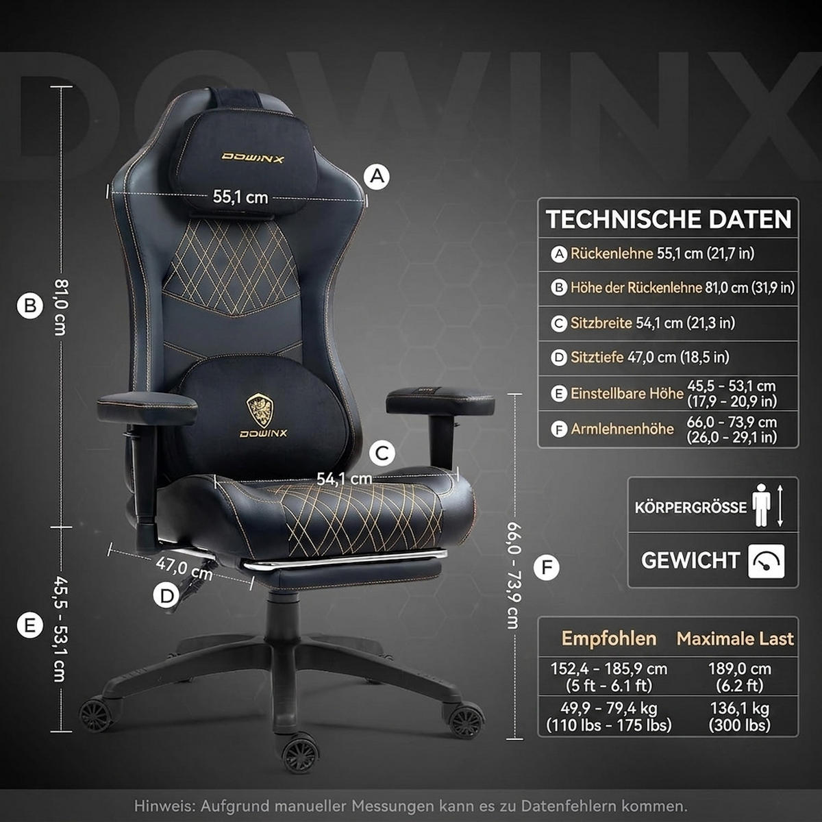 GAMING Stuhl &Massage-Wärmefunktion, atmungsaktivem Taschenfederkissen - Goldfarben, Leder (60/127/60cm)