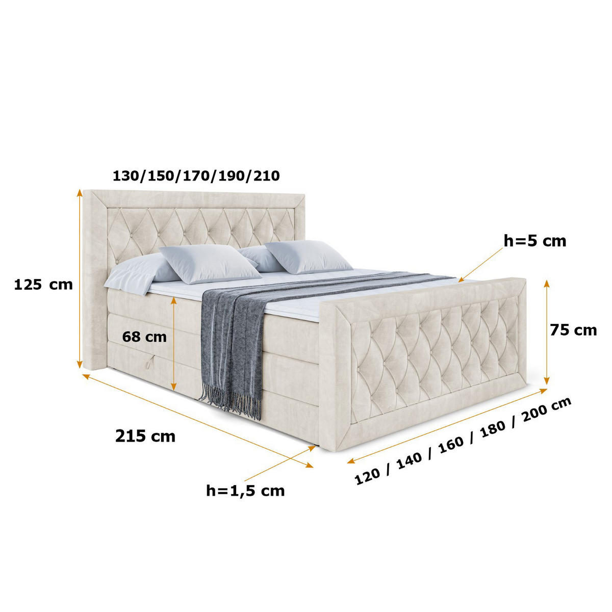 BOXSPRINGBETT NOEL-Z KING - 120 x 200 - H3/H4 - Ecru - Ecru, Holzwerkstoff (120/200cm) - ALTDECOR