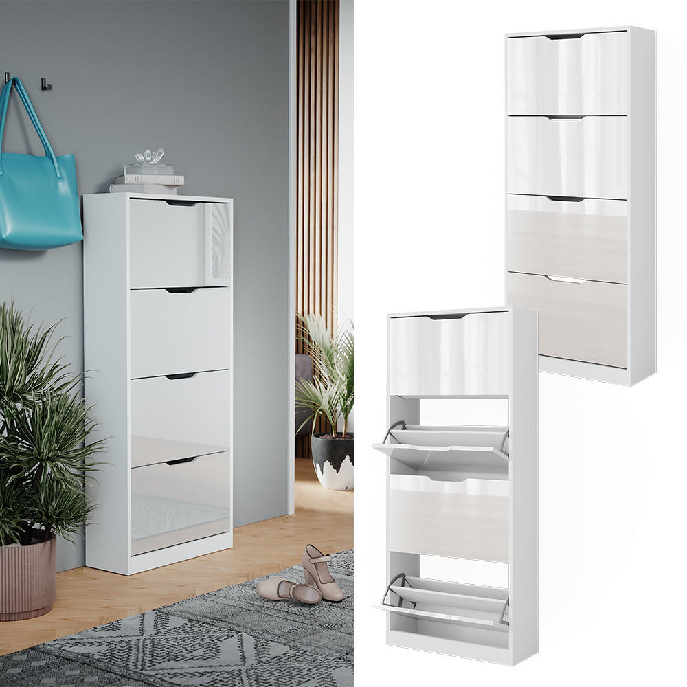 SCHUHKIPPER Luca Weiß/Weiß Hochglanz 59 x 137 cm mit 4 Klappschubladen - Weiß Hochglanz, Holzwerkstoff (59/137/22cm) - Vicco