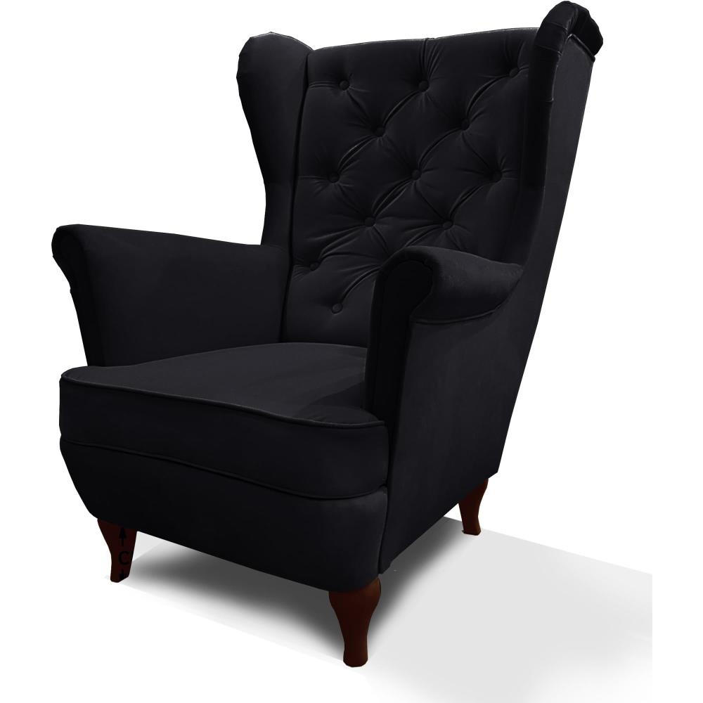 Beautysofa KŘESLO Chesterfield Falco černé s nohami v barvě wenge