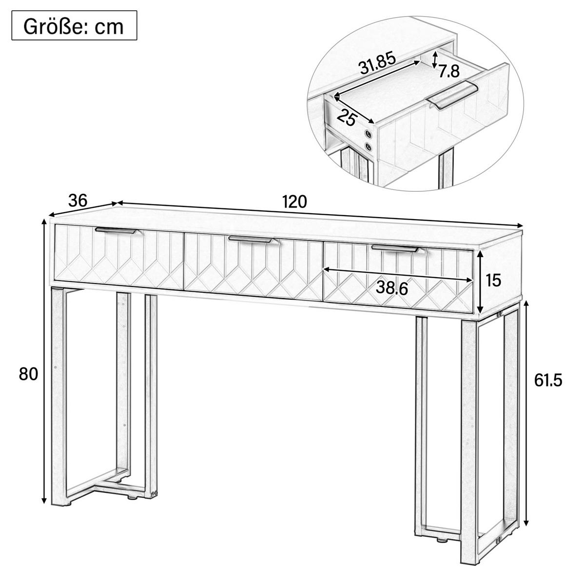KONSOLENTISCH in Weiß/Gold mit 2 Schubladen und verstellbaren Fußpolstern,120/36/80 cm - Weiß, Holzwerkstoff (120/36/80cm) - Flora Grace