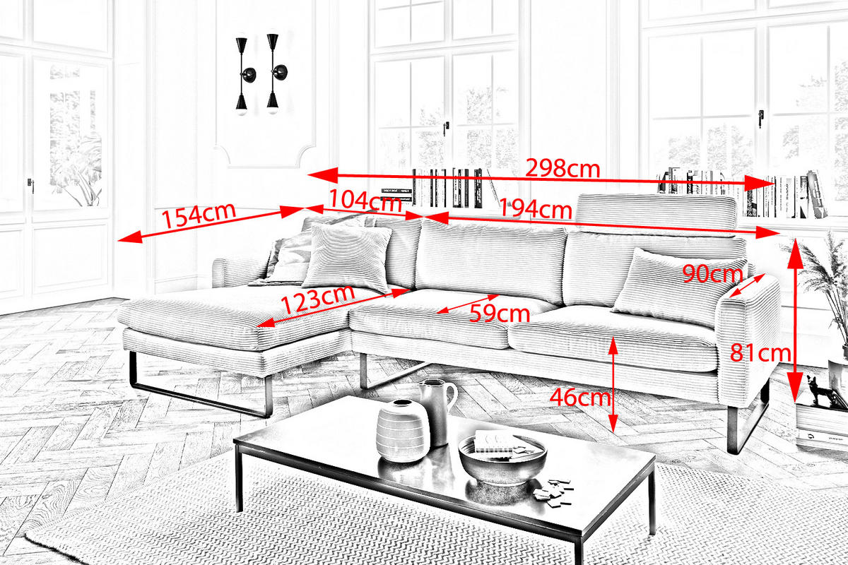 ECKSOFA RICARDA Taupe Cord - Taupe/Schwarz, Textil/Metall (298/154cm) - KAWOLA