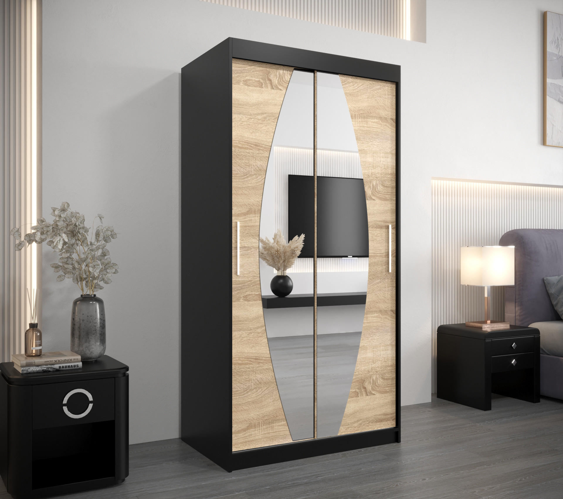 SCHWEBETÜRENSCHRANK 200/100/62 2-türig - Silberfarben/Schwarz, Holz/Kunststoff (100/200/62cm) - Abiks Möbel