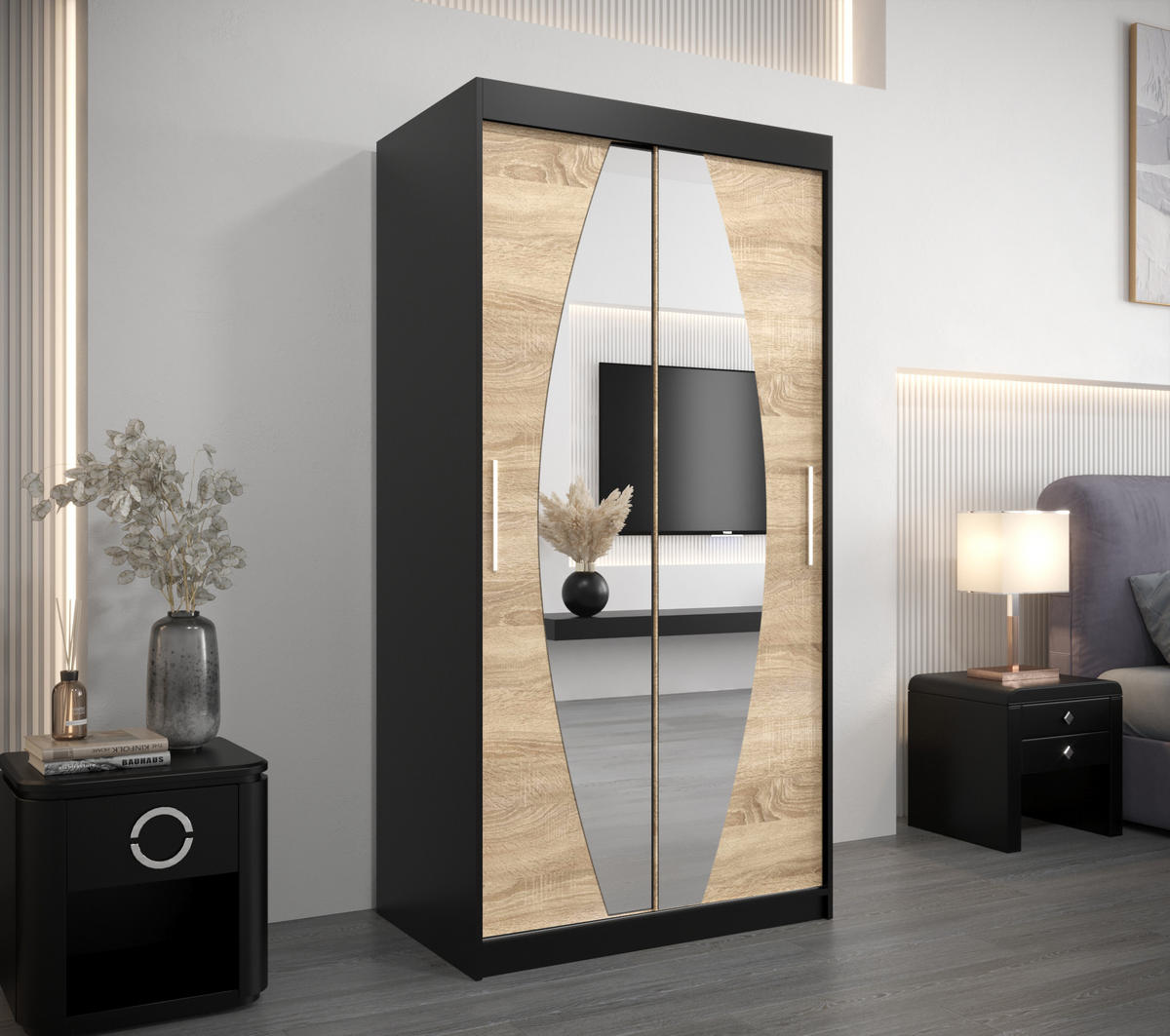 SCHWEBETÜRENSCHRANK 200/100/62 2-türig - Silberfarben/Schwarz, Holz/Kunststoff (100/200/62cm) - Abiks Möbel
