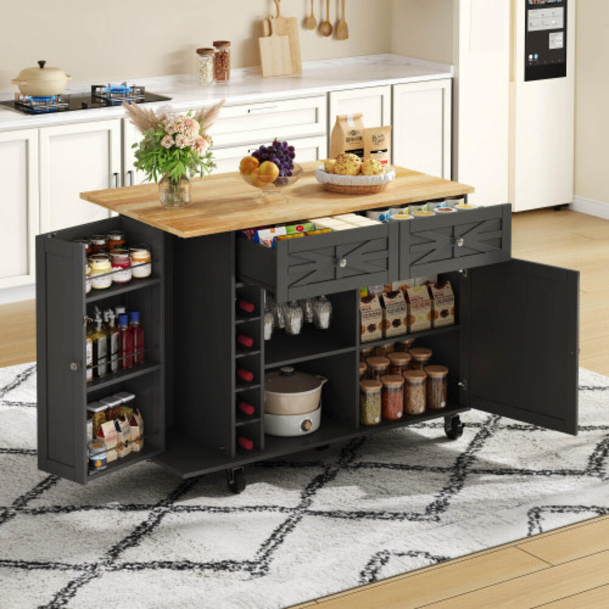 KÜCHENINSEL Schwarz aus MDF mit klappbarer Erweiterungsplatte und Laufrollen 120 × 45(70) × 89 cm - Schwarz, Holzwerkstoff (120/89/70cm) - Luhomfu