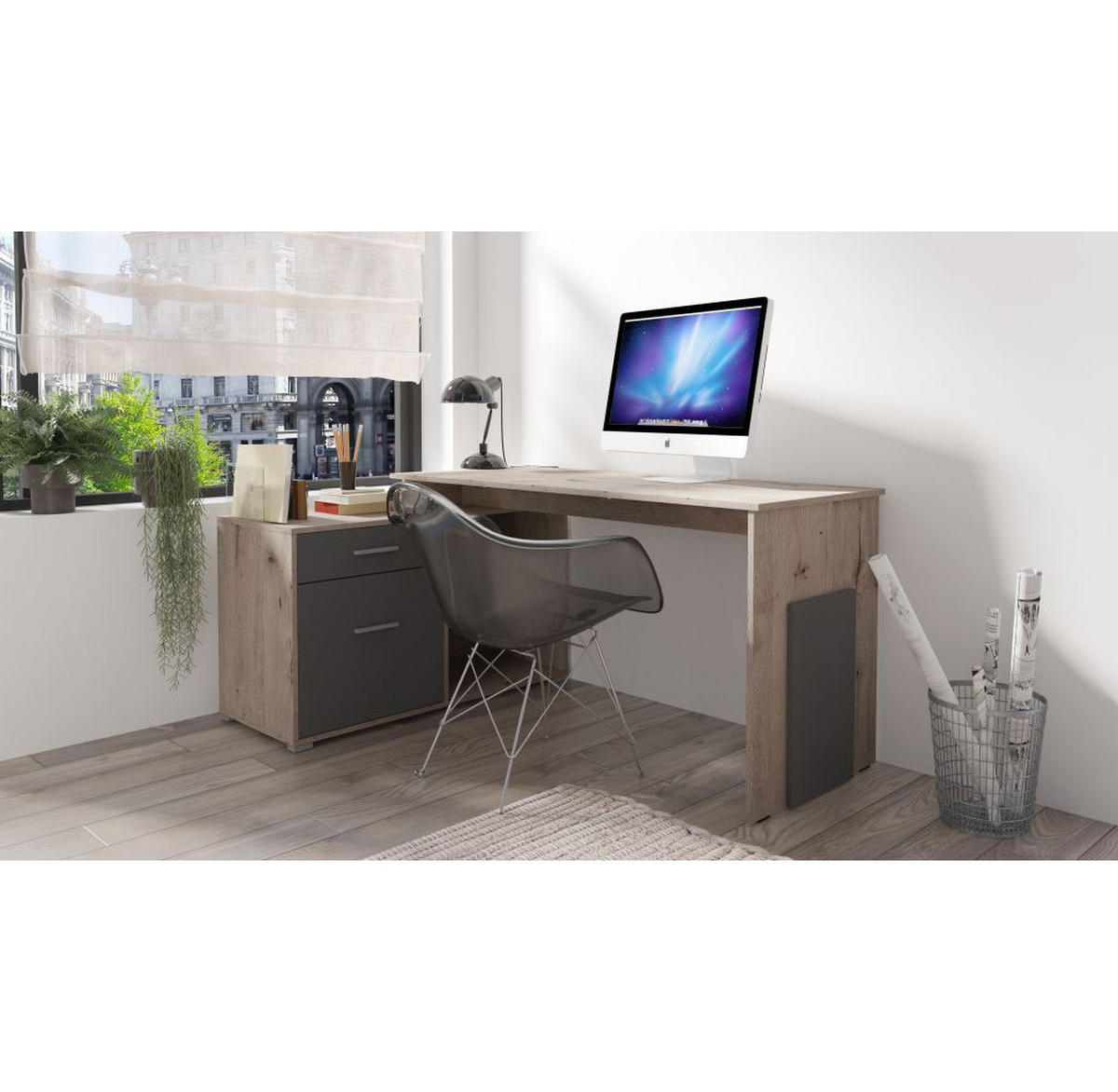 ECKSCHREIBTISCH Como Wellington Eiche / graphit 168 cm / 110 cm / 76 cm - Graphitfarben/Braun, Holz/Holzwerkstoff (110/168/76cm) - Feldmann-Wohnen