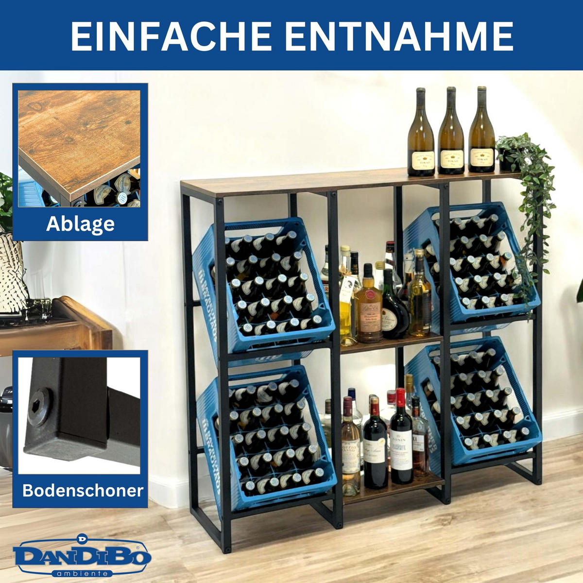 GETRÄNKEKISTENREGAL 4 Kisten mit Ablage Metall + Holz - Schwarz, Metall (112/112/32cm) - DanDiBo