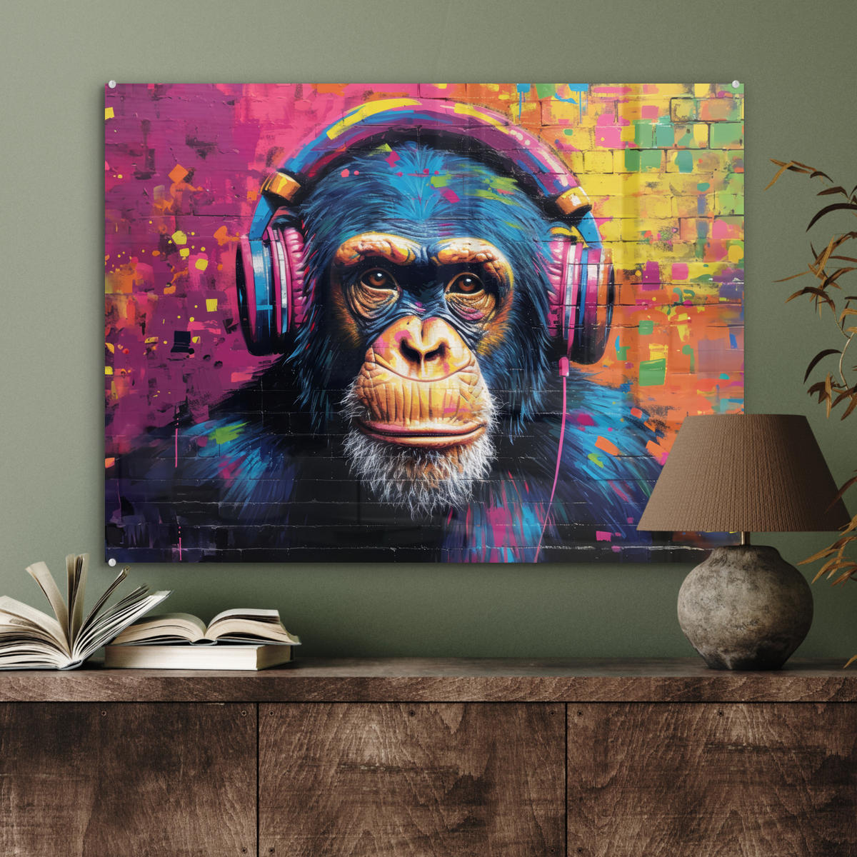 ACRYLGLASBILD Graffiti - Schimpanse - Straßenkunst - Kopfhörer - Affe 80x60 cm - Blau, Glas (80/60cm) - MuchoWow