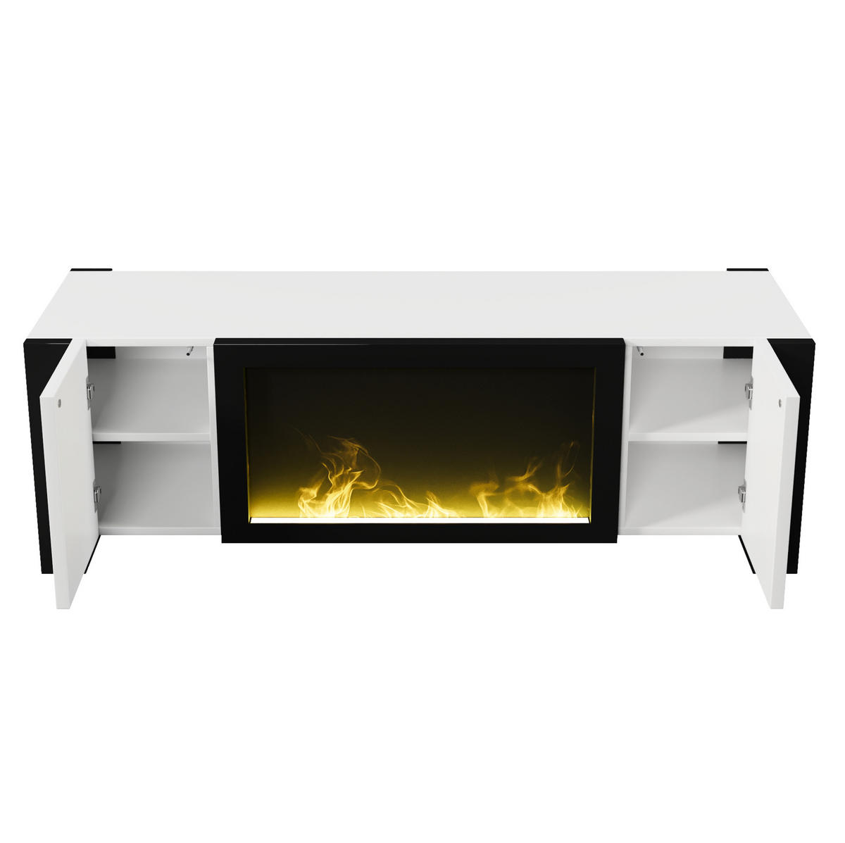 TV-LOWBOARD 165/32/55 cm mit Elektrokamin und Push-to-Open - Schwarz, Holzwerkstoff (165/55/32cm) - BEAOK