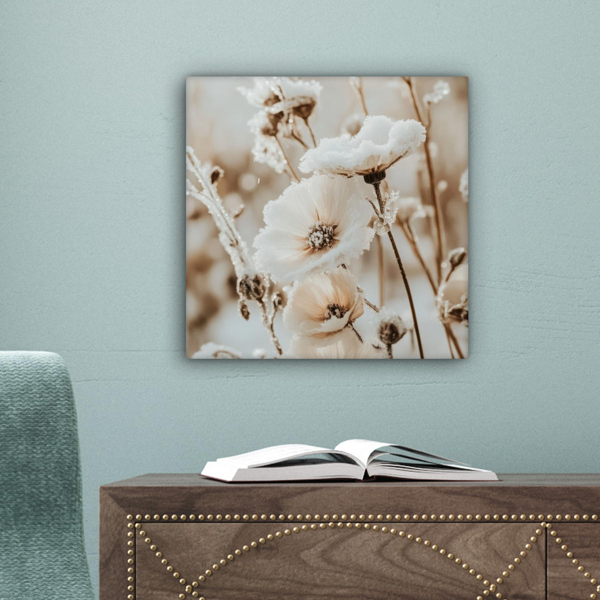 LEINWANDBILD Blumen - Winter - Weiß - Schnee - Beige Deko Wohnzimmer 20x20 cm - Creme, Textil (20/20cm) - MuchoWow